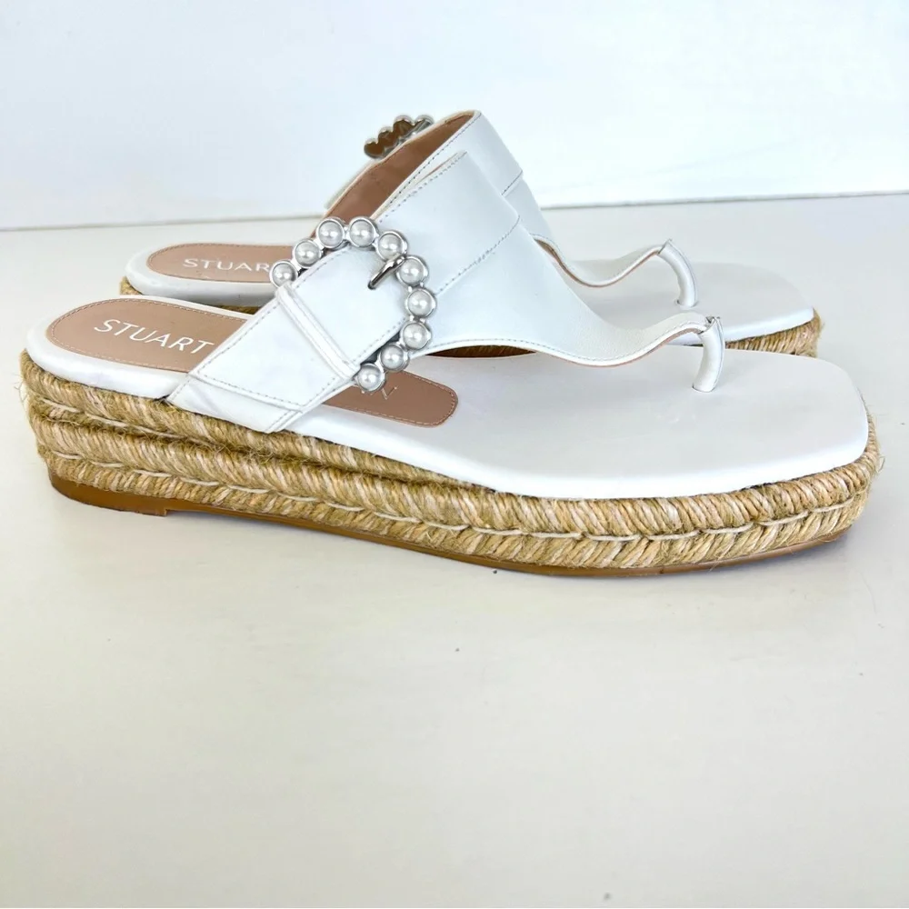STUART WEITZMAN White Leather Pearl Buckle Thong Slip Espadrille Sandals Sz 6.5